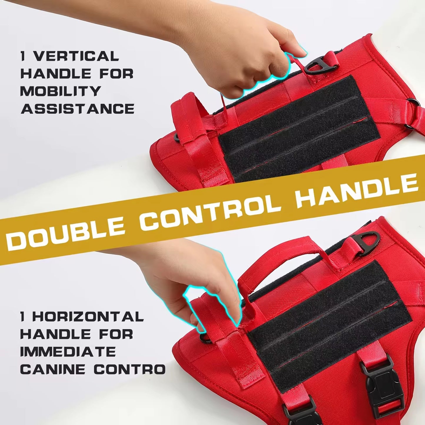 Red dog harness with handles for mobility assistance and canine control, on a white background.