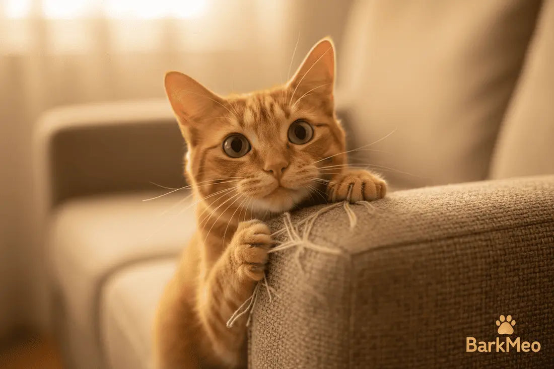 An orange cute cat scratching the Sofa Chair in a living room 