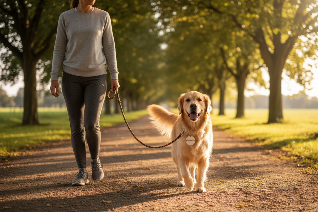 Pet owner walking her dog on loose leash 