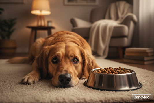 A worried dog lying beside its untouched food