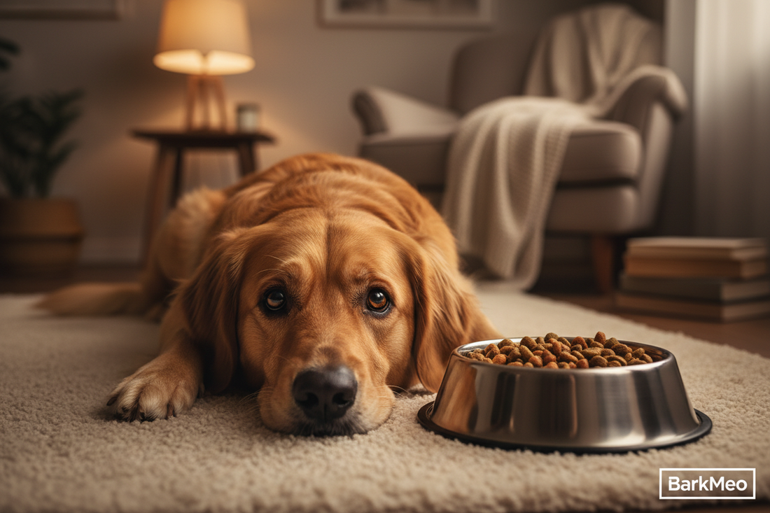 A worried dog lying beside its untouched food