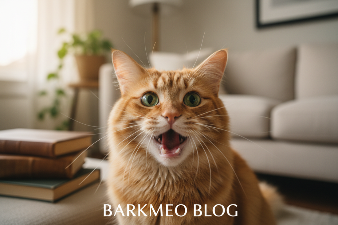 An orange in door Cat meowing 