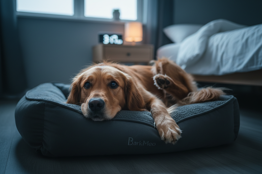 A worried dog lying on its bed in a dark light room