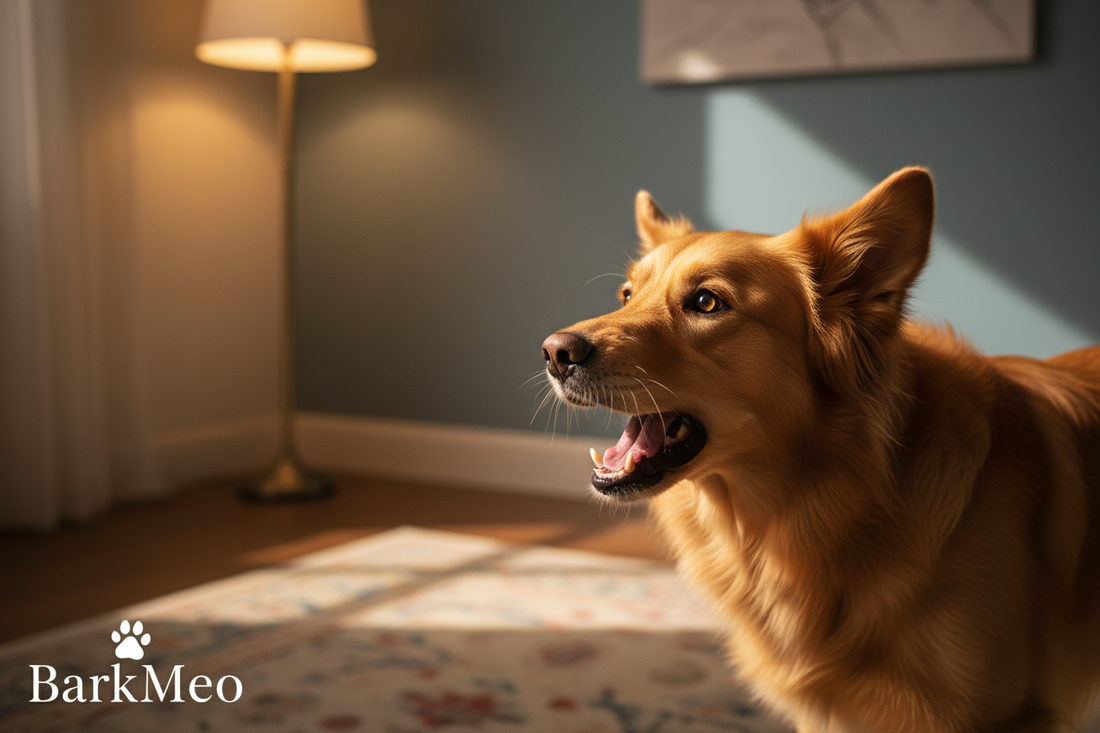 A dog barking at night in a room 