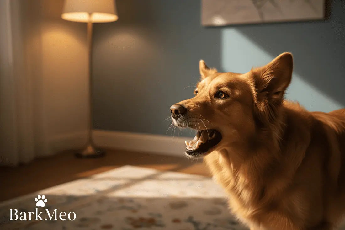 A dog barking at night in a room 