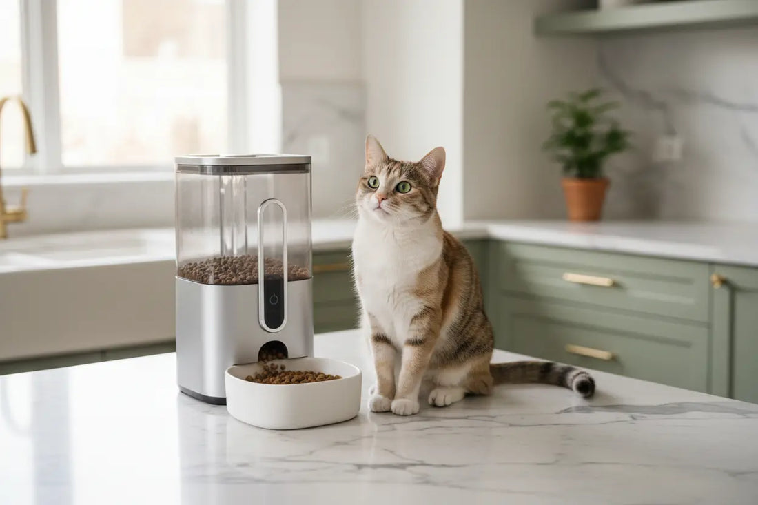A cute cat sitting beside an automatic pet feeder on a kitchen mable counter