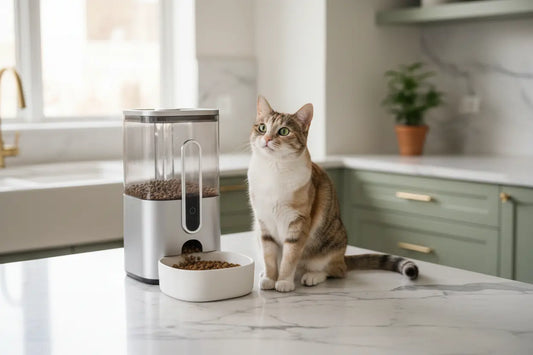 A cute cat sitting beside an automatic pet feeder on a kitchen mable counter