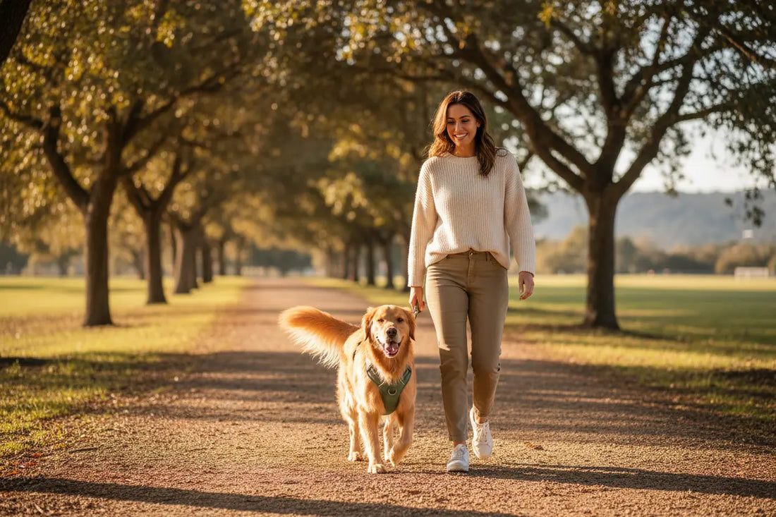 woman walking her dog on a leash in broad daylight at the park 
