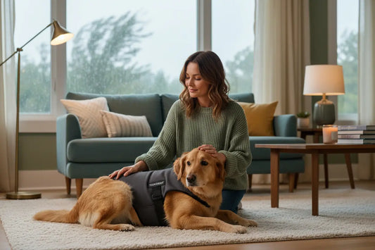 A woman with her dog in a light room background setting 