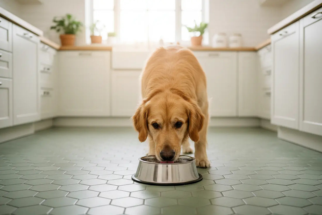 A cute Golden Retriever drinking water from a standard dog bowl in a kitchen background setting 