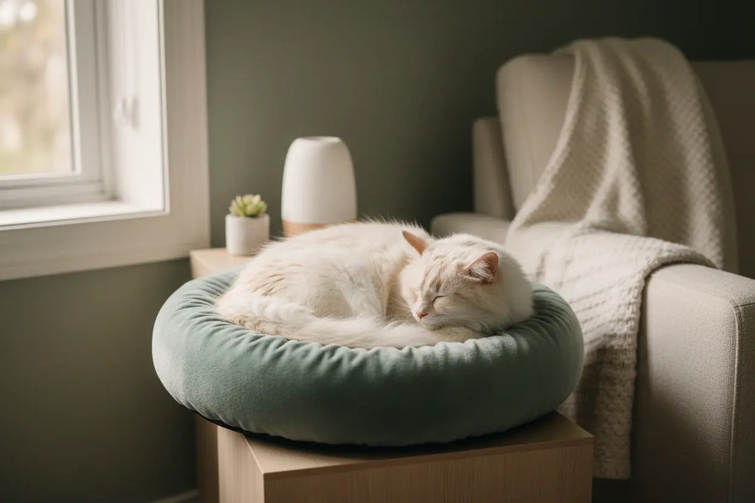 A cute Cat sleeping on it bed