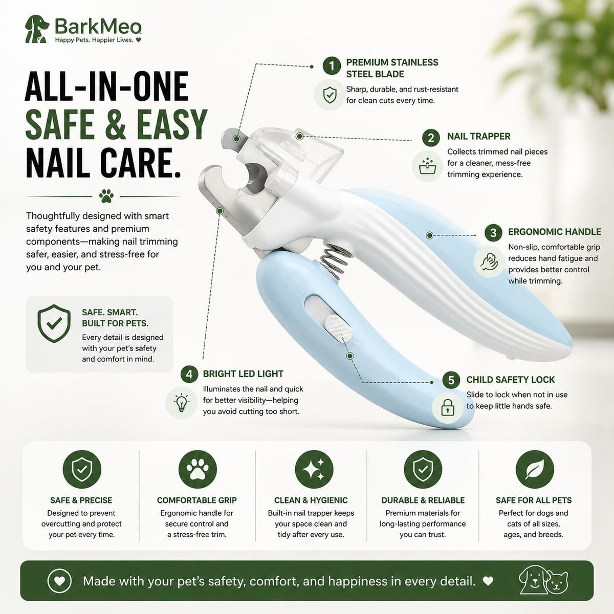 A BarkMeo pet nail care tool shown on a white background with large marketing text and feature callouts. The product appears to be a white and light blue handheld nail trimmer with a clear plastic nail holder.