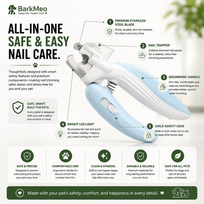 A BarkMeo pet nail care tool shown on a white background with large marketing text and feature callouts. The product appears to be a white and light blue handheld nail trimmer with a clear plastic nail holder.