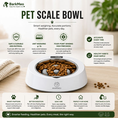 A BarkMeo pet scale bowl filled with dry cat food on a tabletop, surrounded by informational text panels and icons about accurate weighing, smart feeding, and pet health benefits.
