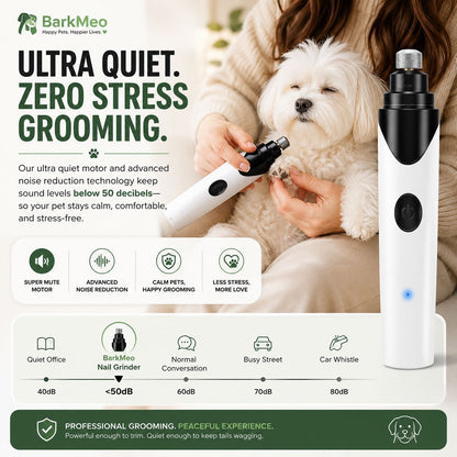 BarkMeo pet nail grinder shown in a promotional graphic alongside a small white dog and a person grooming the dog. The product is a white and black handheld grinder with a silver metal nail clipper bit.
