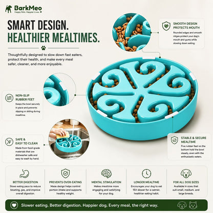 An infographic for BarkMeo dog slow feeder bowls, showing a turquoise blue spiral-shaped bowl filled with kibble, surrounded by callout circles and text blocks explaining its smart design, non-slip rubber feet, safe and easy cleaning, and benefits for digestion and mealtime.