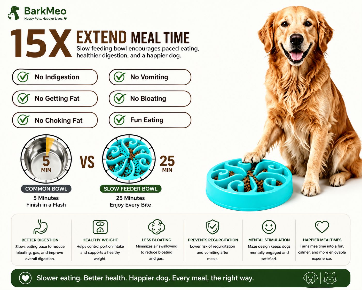 An infographic for BarkMeo slow feeder dog bowls, featuring a golden retriever on the right and text and icons on the left explaining benefits like extended meal time, no choking, and faster digestion. The infographic compares a common 5-minute bowl versus a BarkMeo slow feeder bowl in 25 minutes.