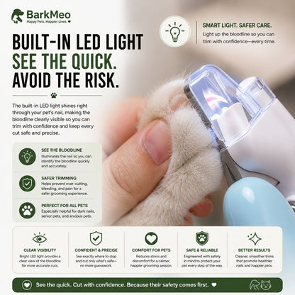 An informational marketing graphic for the BarkMeo pet nail clipper. The image features a close-up of a cat's paw being held by a human hand, with the clear plastic clipper attached to a blue handle.