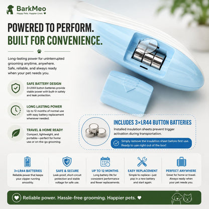 An infographic-style product image for BarkMeo pet grooming batteries. A close-up shows a light blue battery pack with a black snap connector, surrounded by marketing text, icons, and small product details on a white background with a dark green footer.