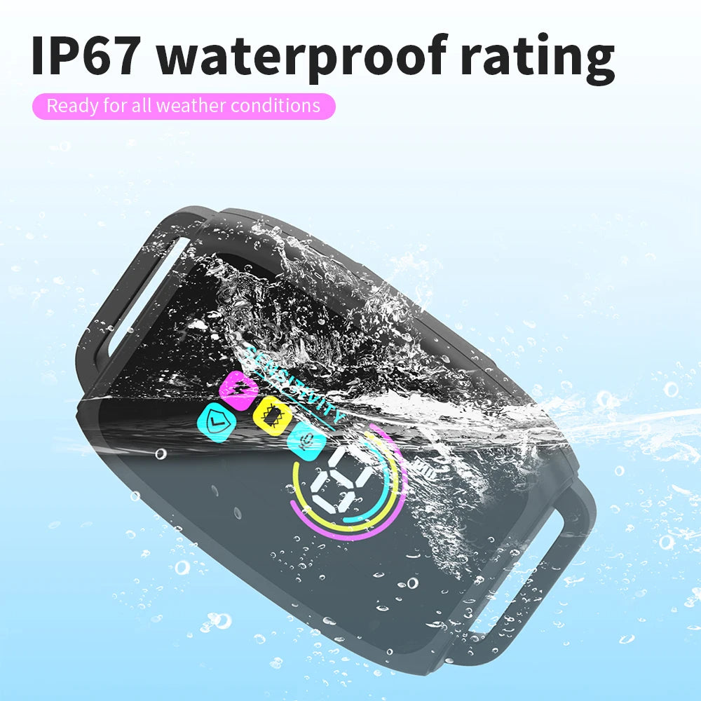 Anti barking device with water splashes and IP67 waterproof rating text on a light blue background