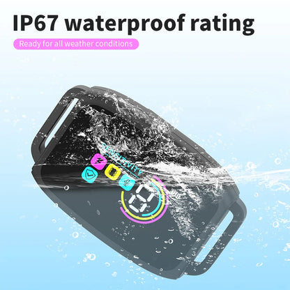 Anti barking device with water splashes and IP67 waterproof rating text on a light blue background