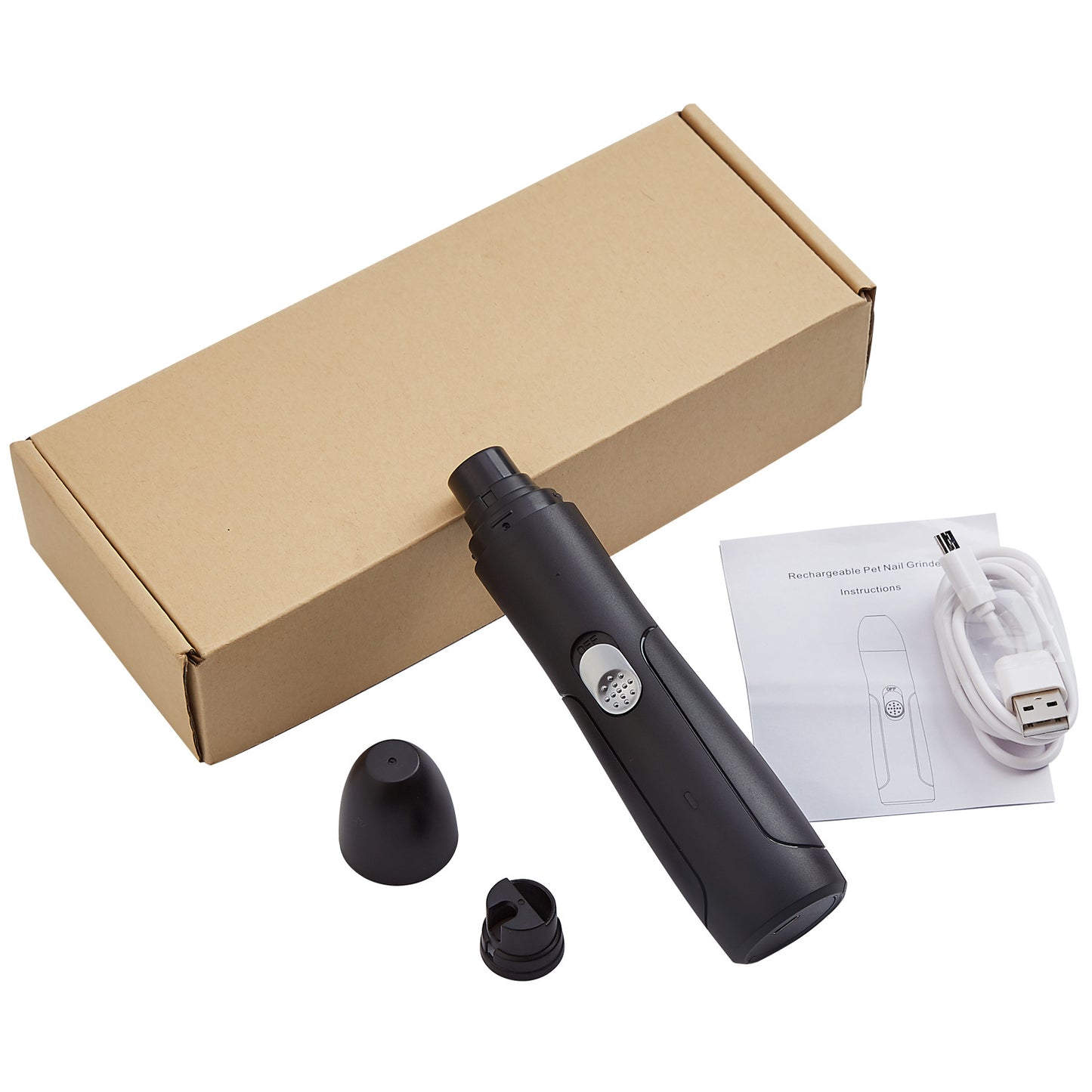 Black Pet Nail Grinder device with accessories on a white background