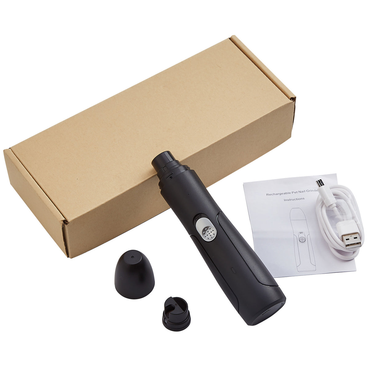 Black Pet Nail Grinder device with accessories on a white background