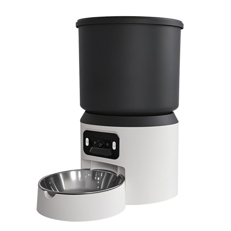Black and white pet feeder with a metal bowl on a white background