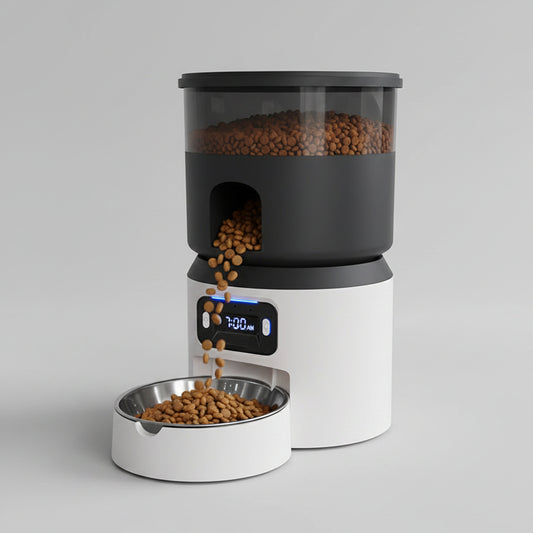 Black and white pet feeder with a metal bowl on a white background