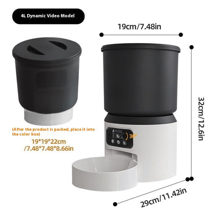 Black and white pet feeder with dimensions labeled on a white background