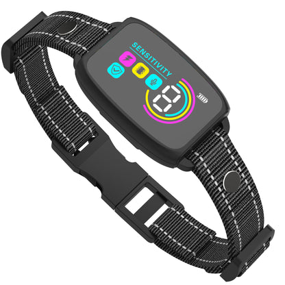 Black dog collar device with digital display on a white background