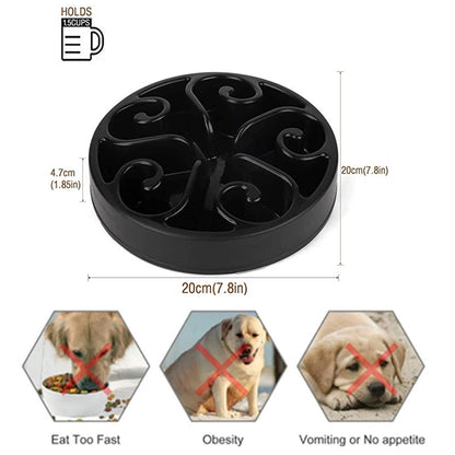 Black pet slow feeder with measurements and benefits on a white background