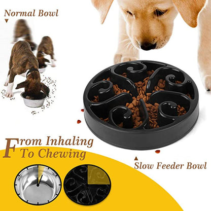 Black slow feeder bowl for pets with text explaining its benefits