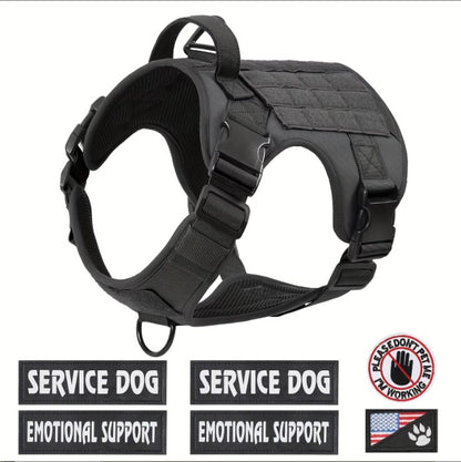 Black tactical dog harness with service dog patches on a white background