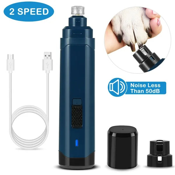 Blue Pet nail device with USB cable and attachments, labeled '2 Speed' and 'Noise Less Than 50dB'.