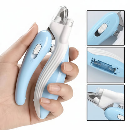 Blue and white pet nail clipper held in a hand with close-up insets showing details.