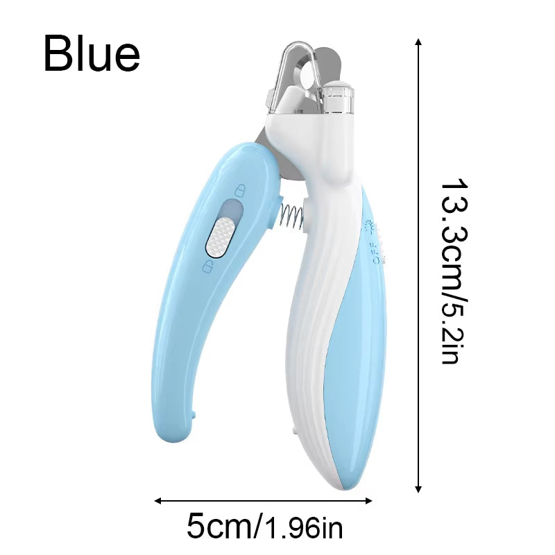 Blue pet nail clipper with dimensions on a white background