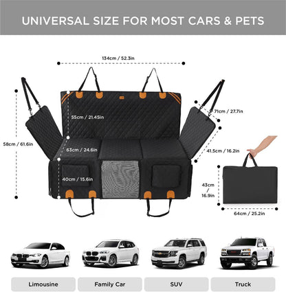 Car seat cover with dimensions and compatibility with different vehicle types on a white background.