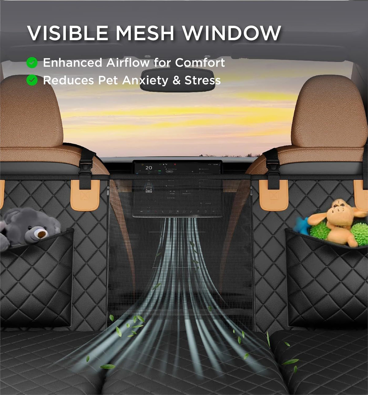 Car seat cover with visible mesh window for enhanced airflow and pet comfort
