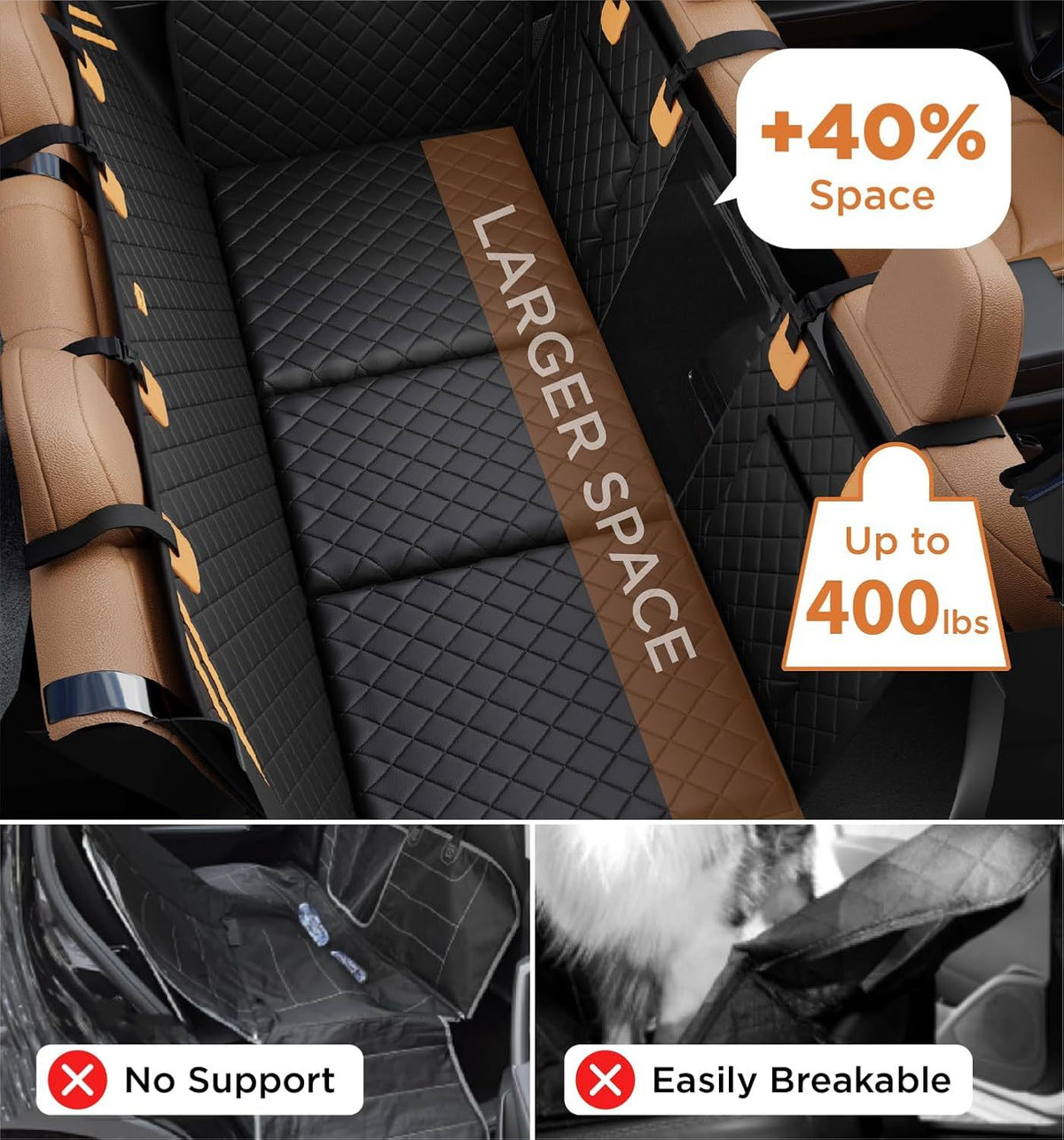 Car seat covers with text indicating additional space and weight capacity, shown on a car interior.