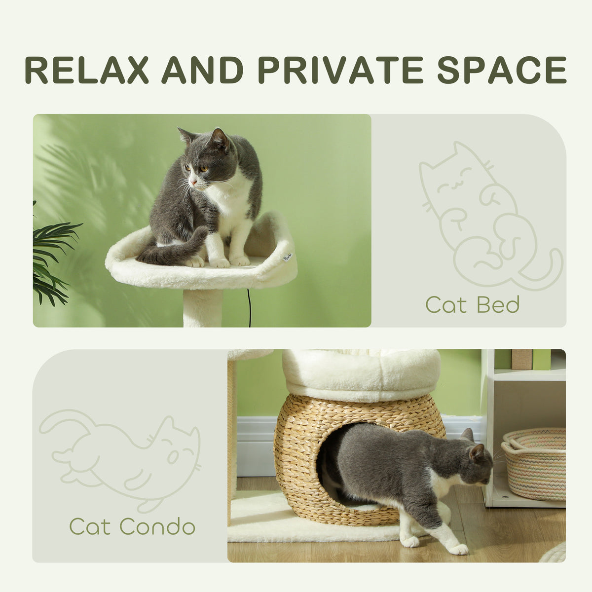 Cat bed and cat condo with text 'Relax and Private Space' on a white background.