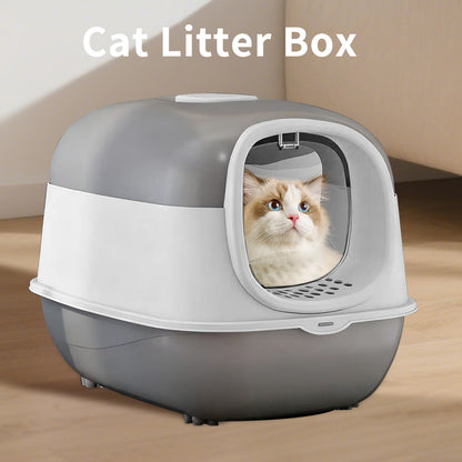 Cat litter box with a cat peeking out on a wooden floor