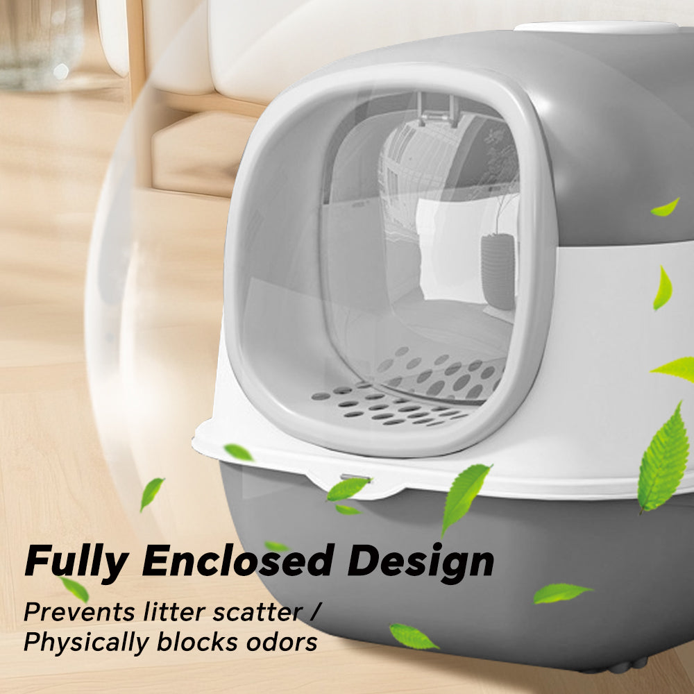 Cat litter box with green leaf design on a wooden floor