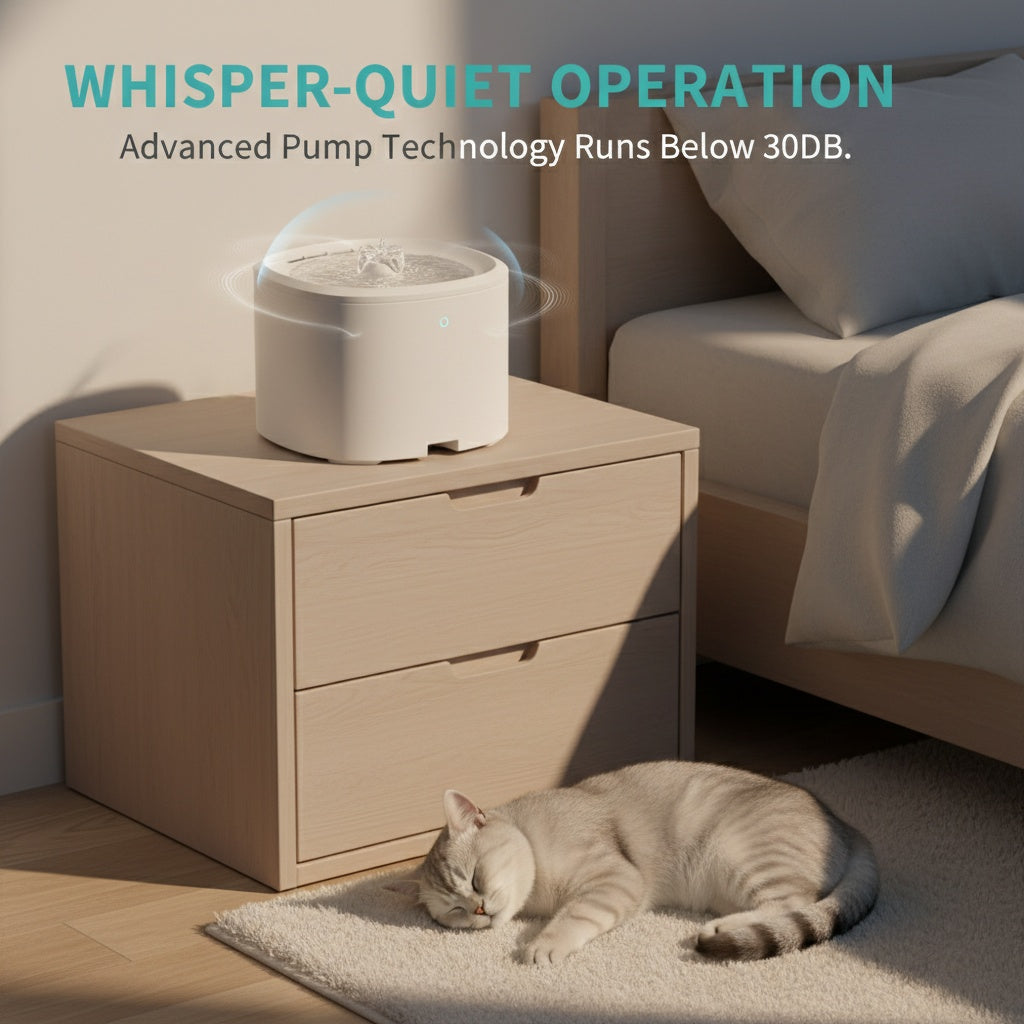 Cat lying on the floor next to a white pet water fountain on a wooden cabinet with 'Whisper-Quiet Operation' text.