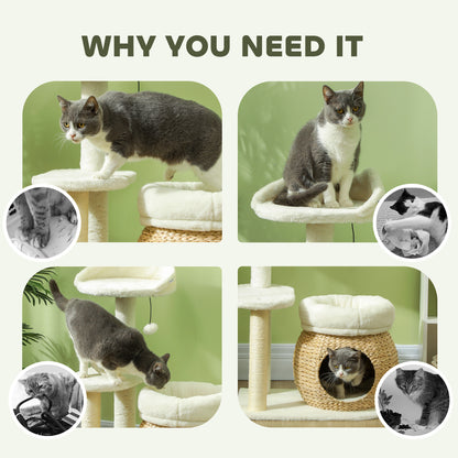 Cat tree with multiple angles showing a cat using it, on a light green background.
