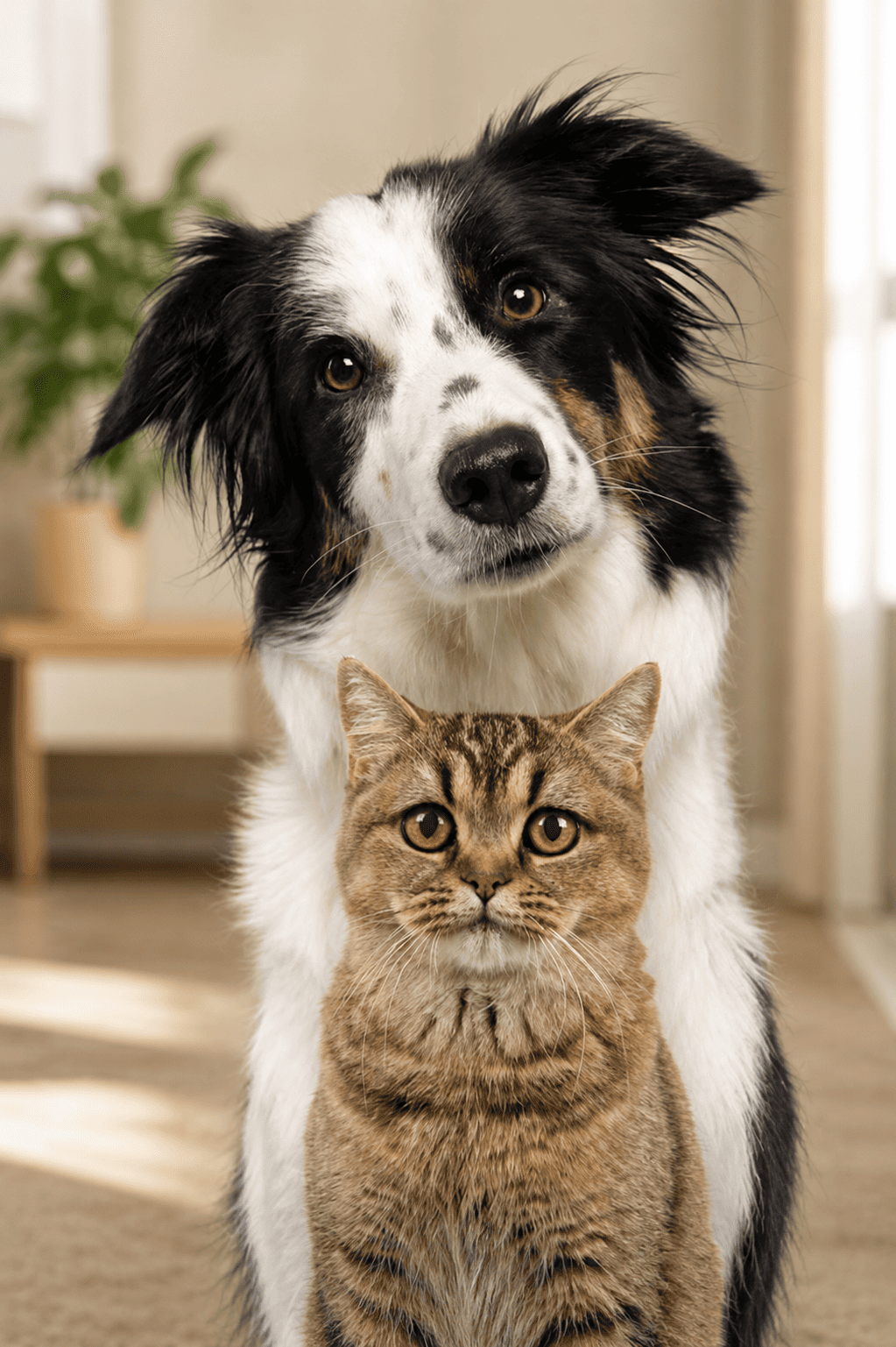 A black and white Border Collie dog and a brown tabby cat sitting together indoors, with the dog standing behind the cat and both looking forward.