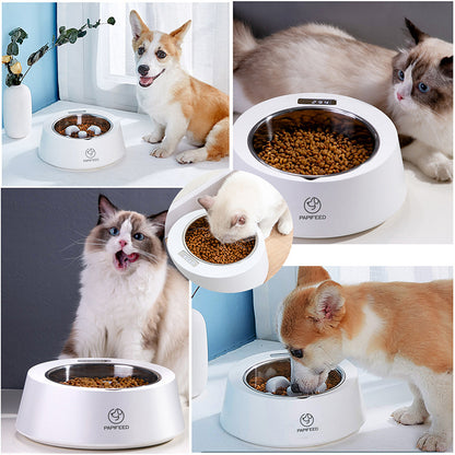 Collage of pets eating from a slow feeder pet bowl with various animals shown.