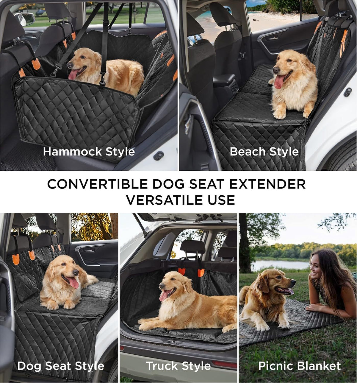 Convertible dog seat cover extended with various usage scenarios in a car.