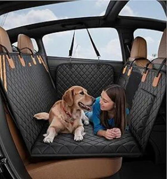 Dog and person in a car with a black quilted car seat cover.
