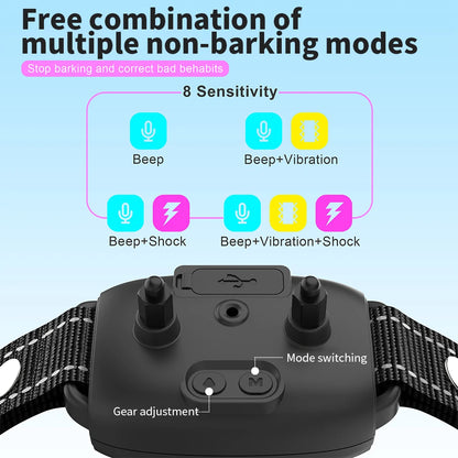 Dog anti barking collar with mode switching and sensitivity options on a light blue background